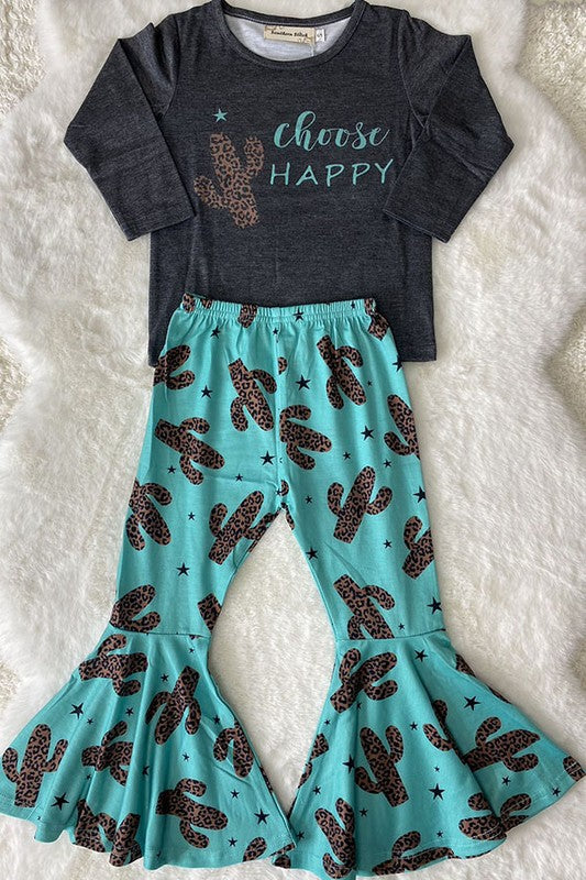 'Choose Happy' Leopard Print Cactus Grey Blue 2pc Girls Flare Pant Set