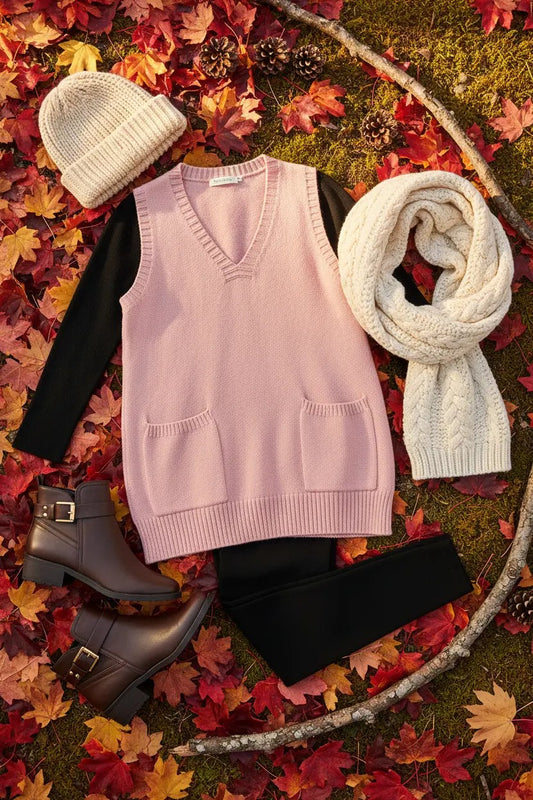 Ribbed Deep V Neckline Front Pocketed Loose Tunic Sweater Vest