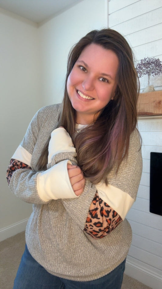 Gray Leopard Print Sleeve Colorblock Ribbed Knit Top - TruBlu Trends