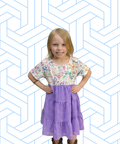 Spring Purple & Floral Print Sheer Layered Ruffle Girls Easter Dress