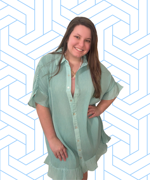Aqua Blue Collared Ribbed Button Up Dress