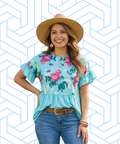 Mint & Floral Printed Baby Doll Short Sleeve Tops