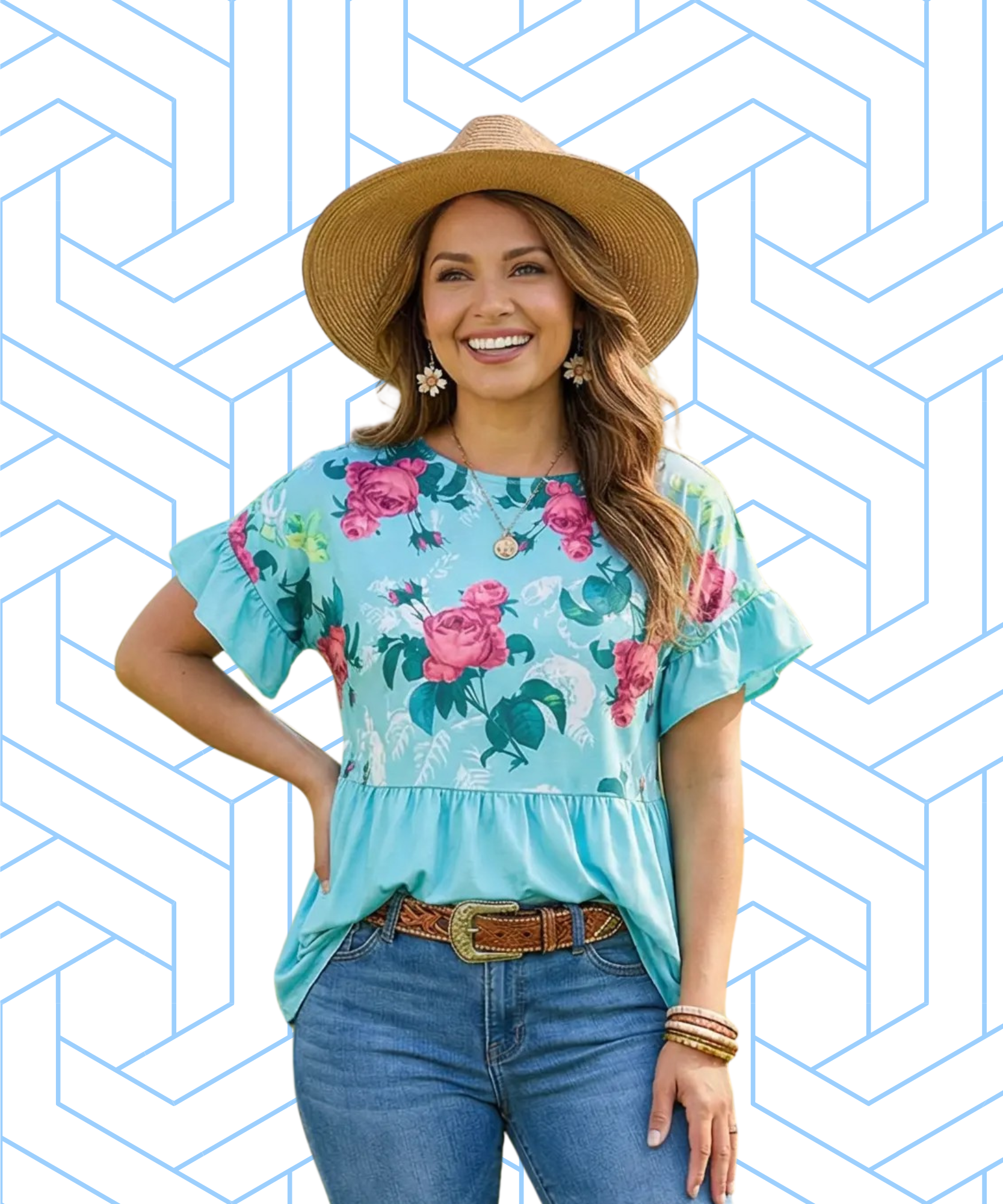 Mint & Floral Printed Baby Doll Short Sleeve Tops