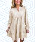 Sunday Best Casual  Long Sleeve Notched Neck Jacquard Tiered Mini Dress
