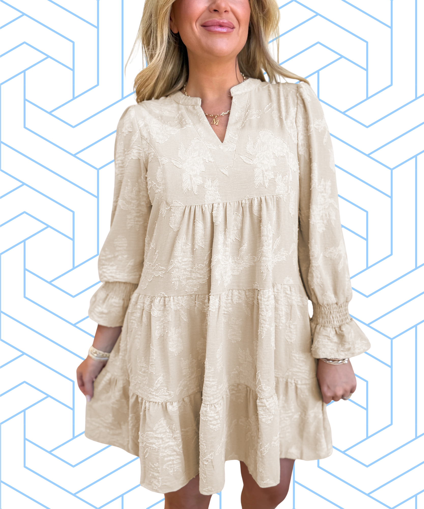 Sunday Best Casual  Long Sleeve Notched Neck Jacquard Tiered Mini Dress