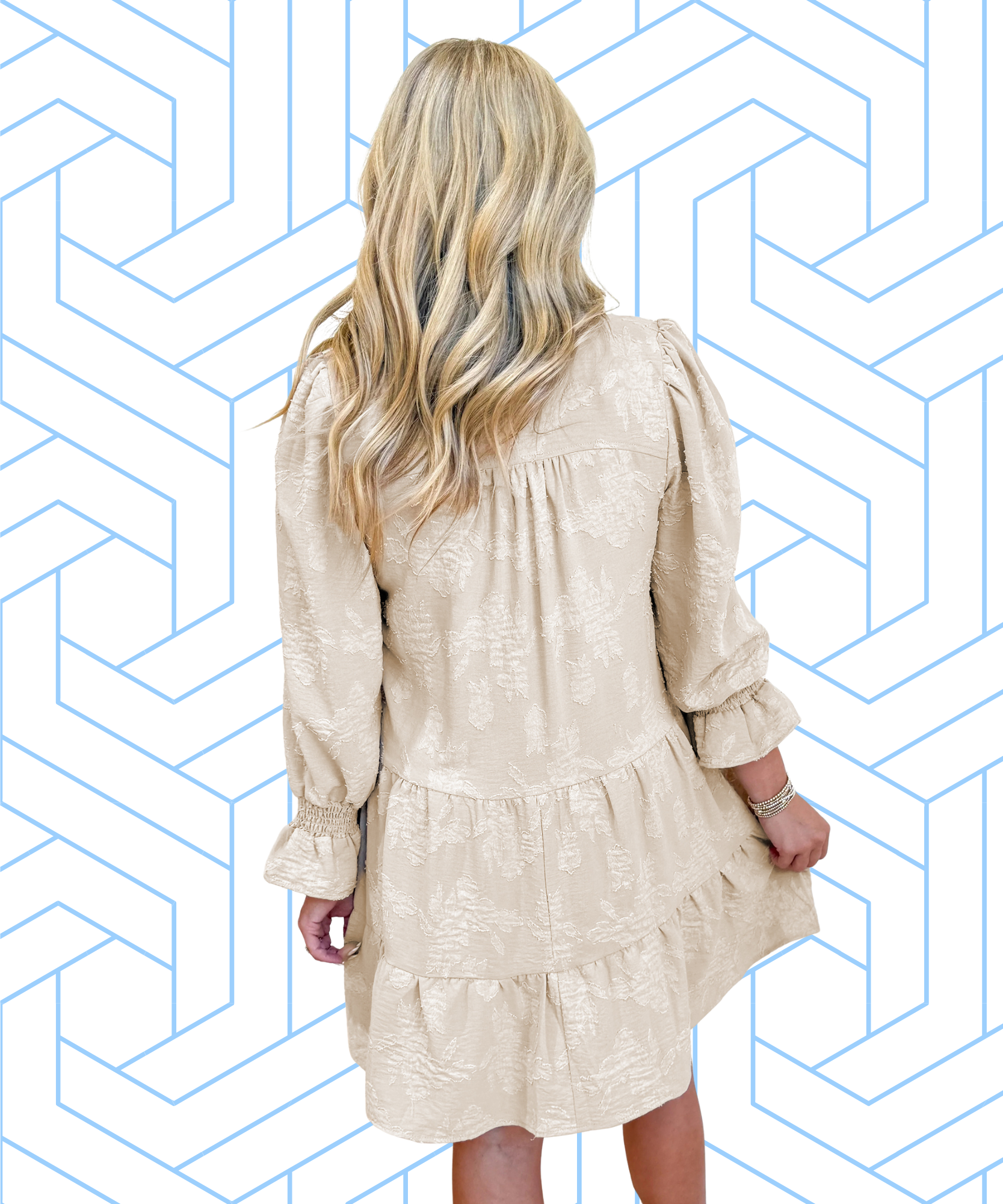 Sunday Best Casual  Long Sleeve Notched Neck Jacquard Tiered Mini Dress