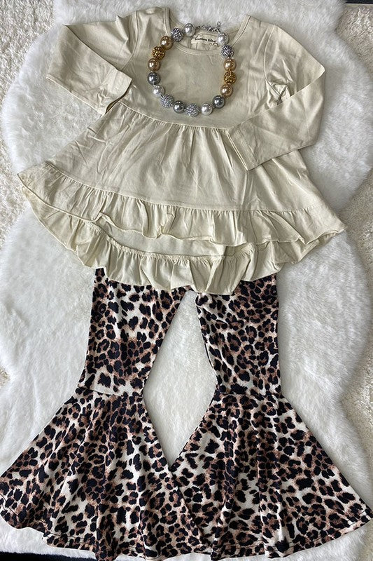 Beige High-low Top Leopard Pant Girls Sets