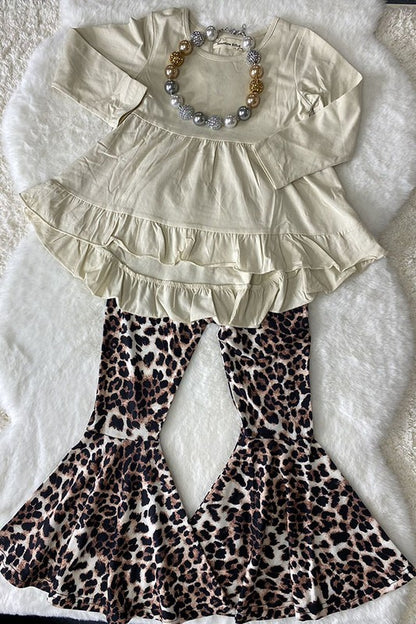 Beige High-low Top Leopard Pant Girls Sets
