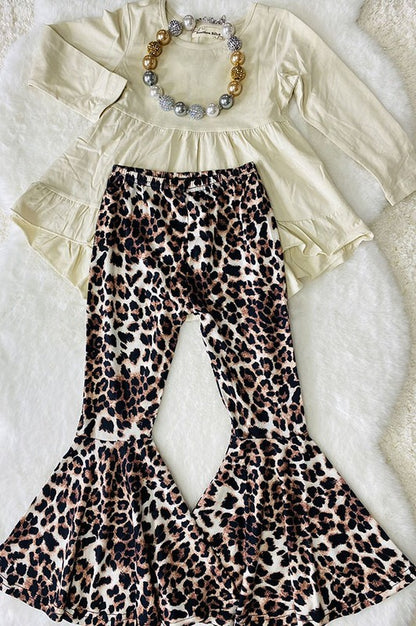 Beige High-low Top Leopard Pant Girls Sets
