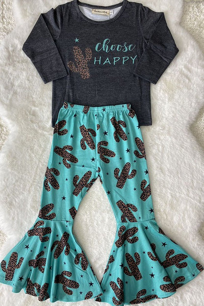 'Choose Happy' Leopard Print Cactus Grey Blue 2pc Girls Flare Pant Set
