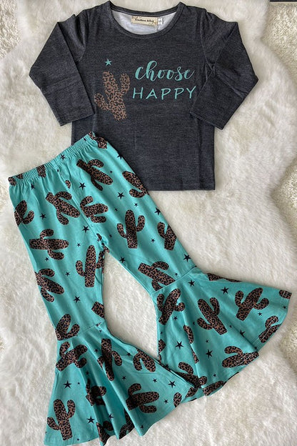'Choose Happy' Leopard Print Cactus Grey Blue 2pc Girls Flare Pant Set