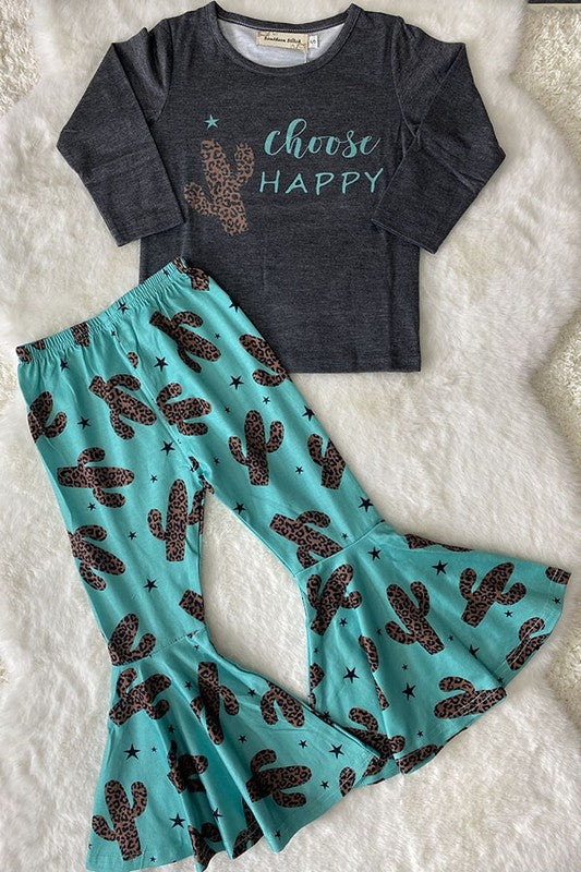 'Choose Happy' Leopard Print Cactus Grey Blue 2pc Girls Flare Pant Set