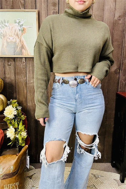 Forrest Green Drop Shoulder Knit Crop Sweater