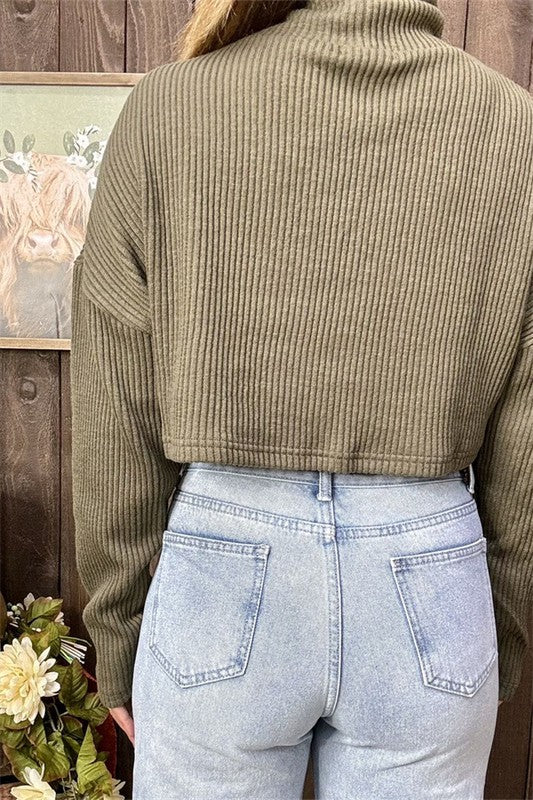 Forrest Green Drop Shoulder Knit Crop Sweater