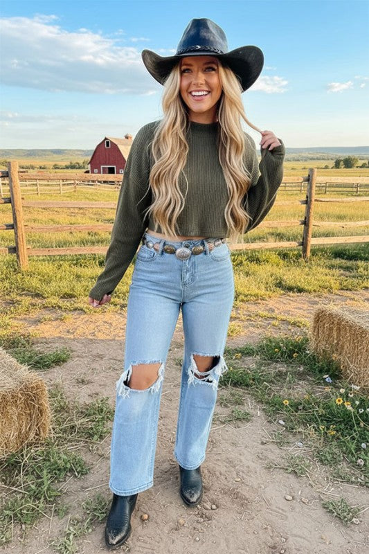 Forrest Green Drop Shoulder Knit Crop Sweater