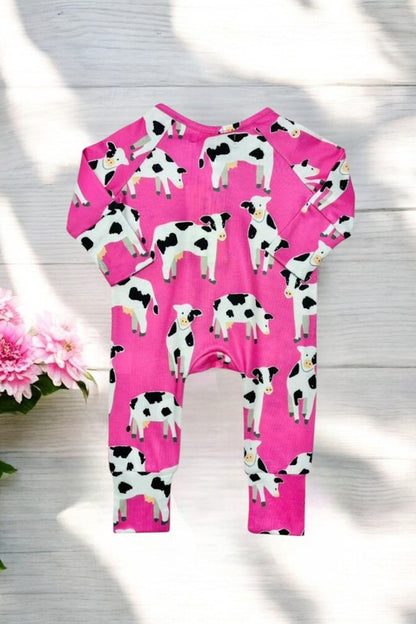 Pink Baby Cow Printed Long Sleeve Infant Zip-Up Onesie
