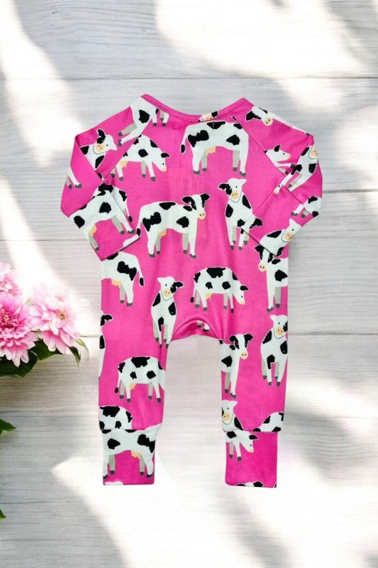 Pink Baby Cow Printed Long Sleeve Infant Zip-Up Onesie