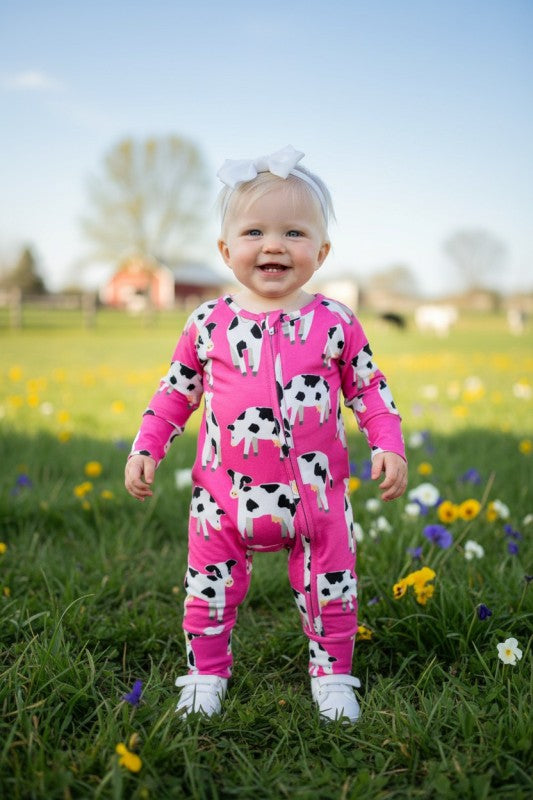 Pink Baby Cow Printed Long Sleeve Infant Zip-Up Onesie