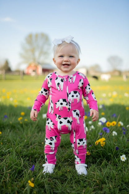 Pink Baby Cow Printed Long Sleeve Infant Zip-Up Onesie