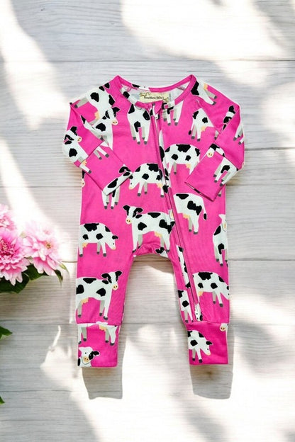 Pink Baby Cow Printed Long Sleeve Infant Zip-Up Onesie