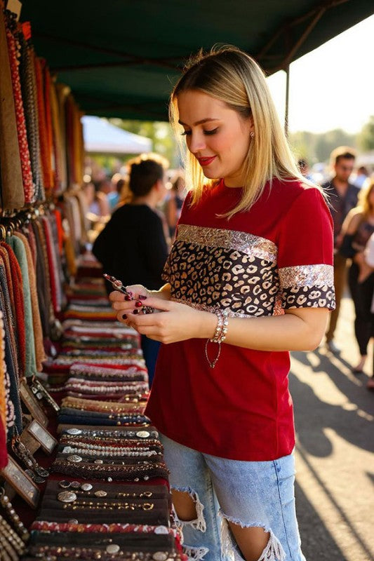 Red Leopard & Sequin Stripe Short Sleeve Women T-shirt