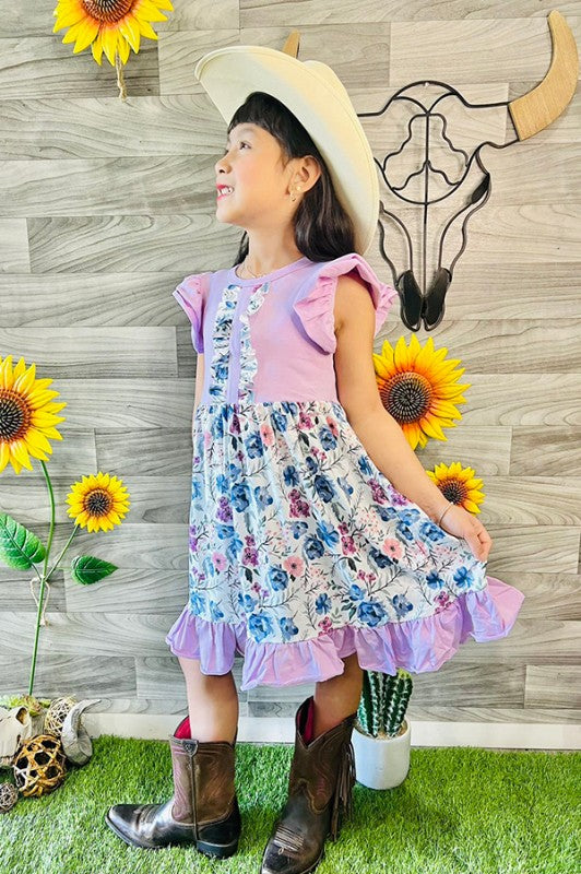 Spring Easter Light Purple Floral Ruffle Swirl Dress