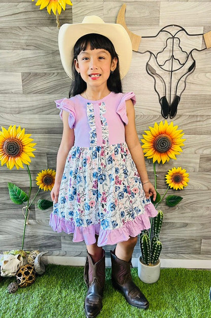 Spring Easter Light Purple Floral Ruffle Swirl Dress