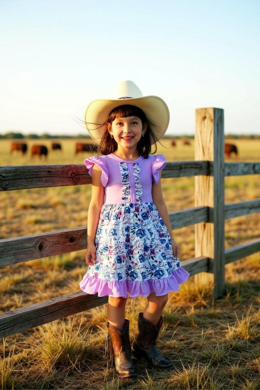 Spring Easter Light Purple Floral Ruffle Swirl Dress