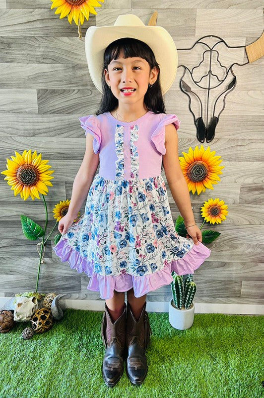 Spring Easter Light Purple Floral Ruffle Swirl Dress