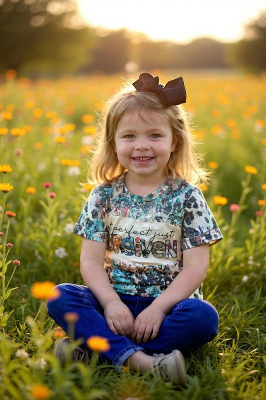 'Not Perfect Just Forgiven' Bleached Leopard Print Splatter Girls T-Shirt