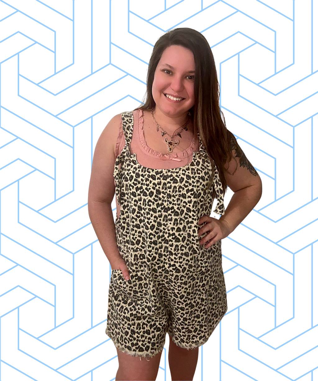 Leopard Print Jean Romper w/ Tie Straps
