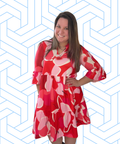Pink Floral Printed 3/4 Sleeve Women's Dress