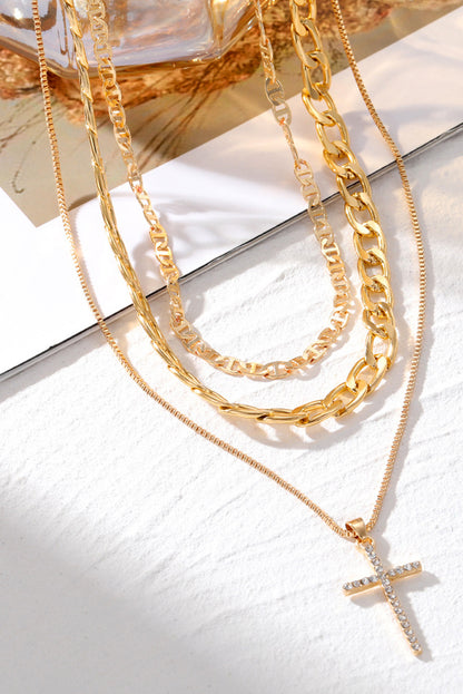 Cross Pendant Multi Layer Stacked Chains Necklace