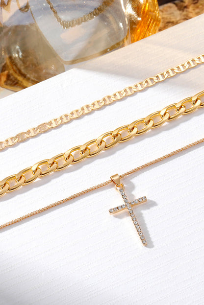 Cross Pendant Multi Layer Stacked Chains Necklace