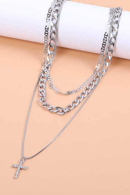 Cross Pendant Multi Layer Stacked Chains Necklace