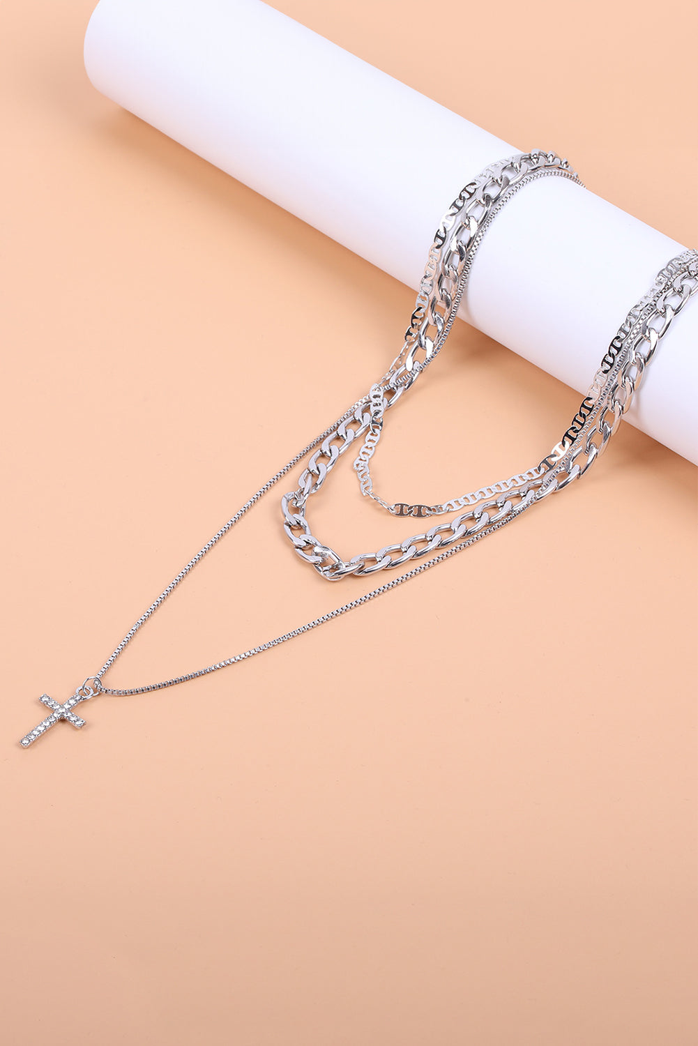Cross Pendant Multi Layer Stacked Chains Necklace