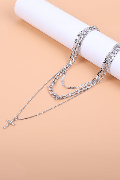 Cross Pendant Multi Layer Stacked Chains Necklace