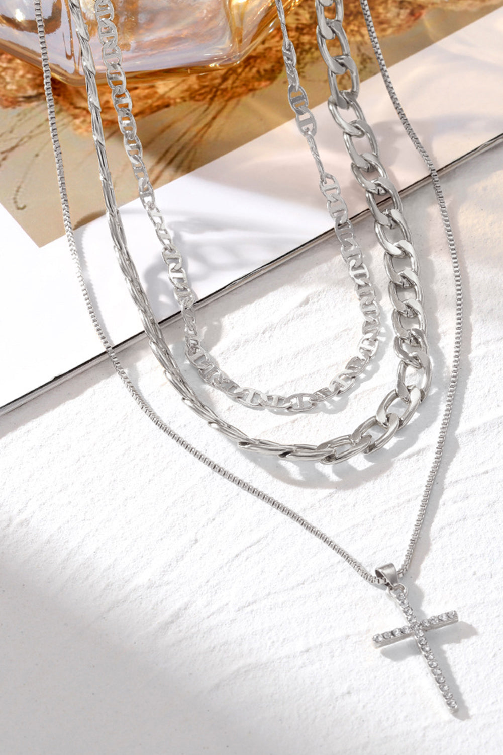 Cross Pendant Multi Layer Stacked Chains Necklace