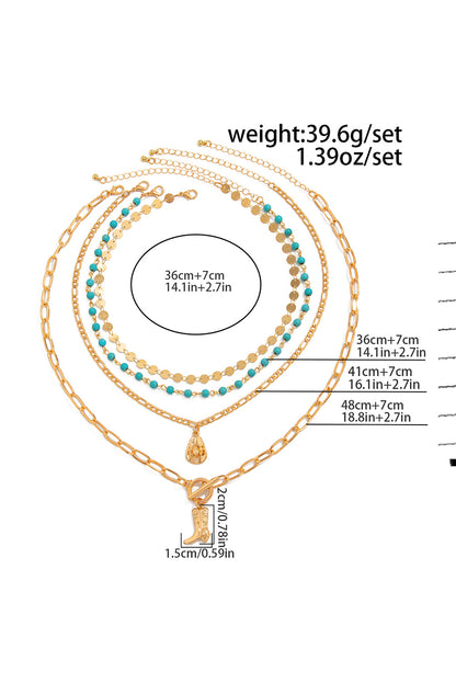 Gold Plated Layered Cowgirl Fashion Turquoise Beading 4pcs Necklace Set