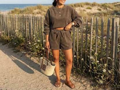 Soft Fushia Solid Color Textured Knit Drop Shoulder Pullover Drawstring Shorts Set