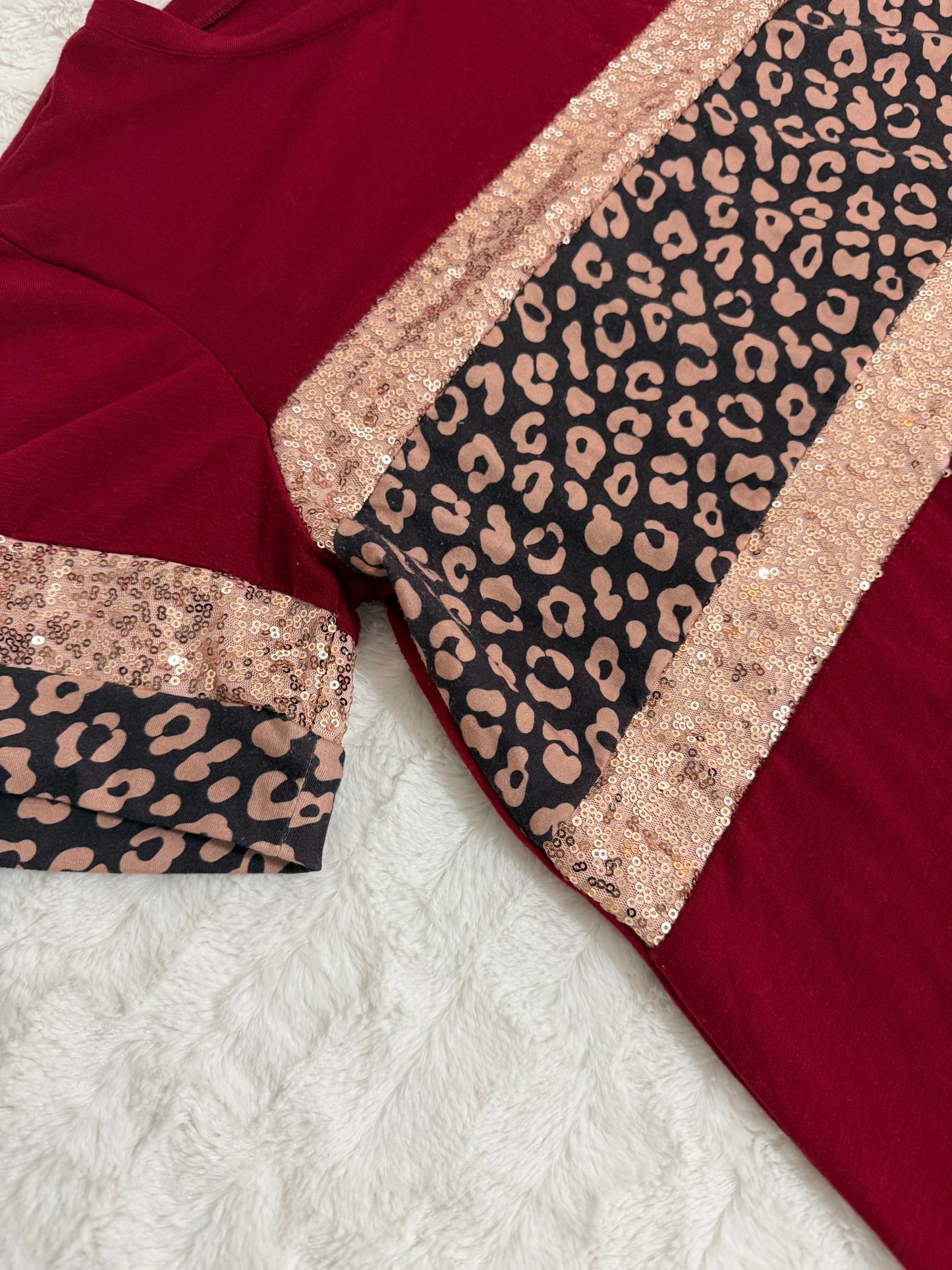 Red Leopard & Sequin Stripe Short Sleeve Women T-shirt