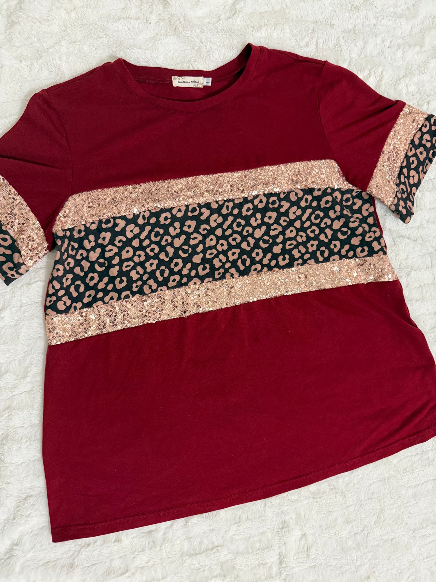 Red Leopard & Sequin Stripe Short Sleeve Women T-shirt