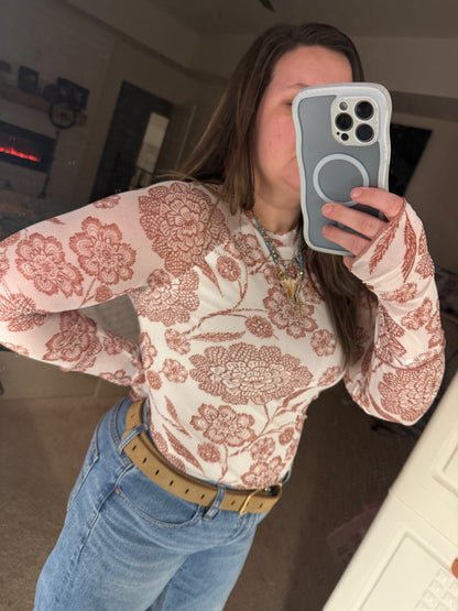 White / Brown Thumbhole Long Sleeve Floral Print Mesh Top