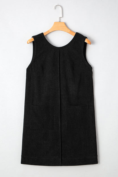 Corduroy Sleeveless Mini Dress With Patched Pockets