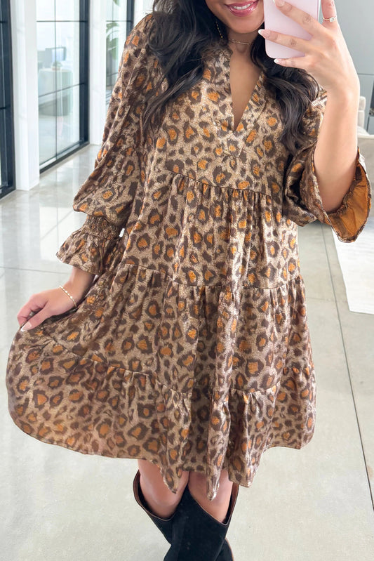 Leopard Print V Neck Ruffled Sleeve Tiered Loose Mini Dress