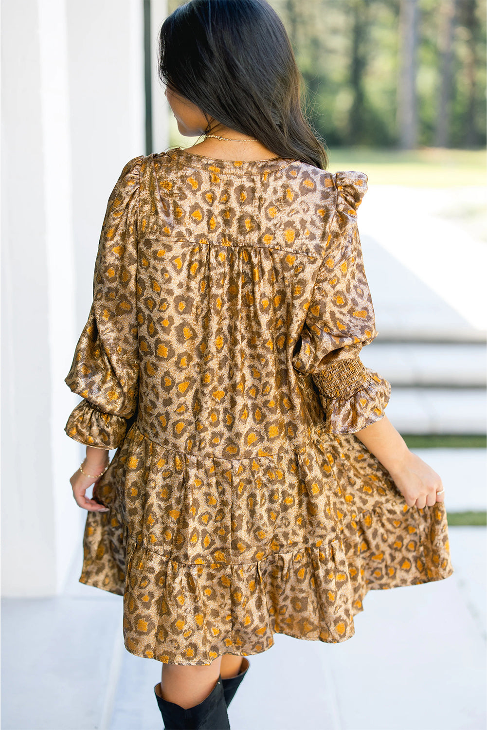 Leopard Print V Neck Ruffled Sleeve Tiered Loose Mini Dress