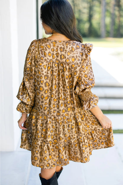 Leopard Print V Neck Ruffled Sleeve Tiered Loose Mini Dress