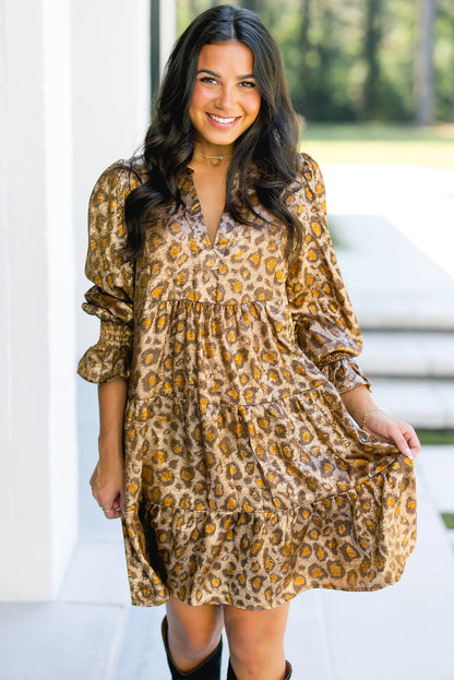 Leopard Print V Neck Ruffled Sleeve Tiered Loose Mini Dress