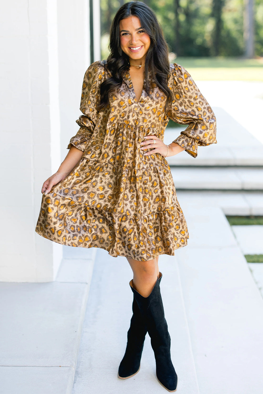 Leopard Print V Neck Ruffled Sleeve Tiered Loose Mini Dress
