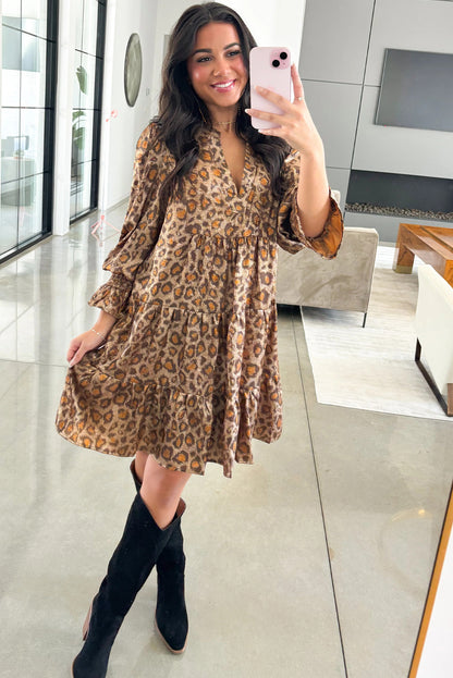 Leopard Print V Neck Ruffled Sleeve Tiered Loose Mini Dress